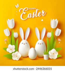 Tarjeta de felicitación de Pascua festiva, Anuncio, volante con huevos blancos y orejas de banny y flores aisladas sobre un fondo amarillo. Diseño de Pascua de moda con texto Feliz Pascua. Semana Santa. Póster de Paschal