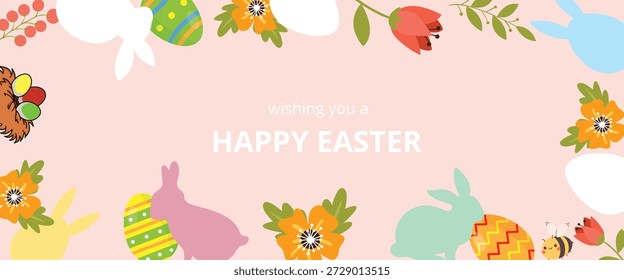Eine festliche Ostergrusskarte mit bunten Eiern, Kaninchen und Pflanzen auf rosafarbenem Hintergrund mit fröhlichem Ostertext