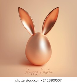 Festive Easter greeting card with golden egg. Easter egg. Golden egg hunting, bunny ears. Happy Easter holiday banner template isolated on gold background with gold Easter egg with bunny ears. Symbol