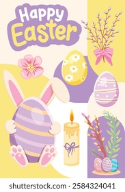 A festive Easter greeting card with a warm pastel color palette of yellow, purple, and cream. The illustration includes traditional Easter elements such as a bunny hiding behind an egg