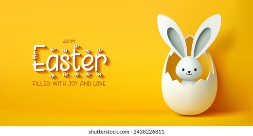 Festive Easter horizontal banner, flyer, template header for website with white cracked egg and banny ears on a yellow background. Paschal poster. Happy Easter greeting card with text Happy Easter