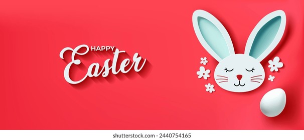 Banner horizontal de Pascua festiva, encabezado para el sitio web Orejas de conejo y huevo en estilo de corte de papel sobre fondo rojo. Feliz Pascua. Póster de Pascual, tarjeta de felicitación. Plantilla con texto Feliz Pascua