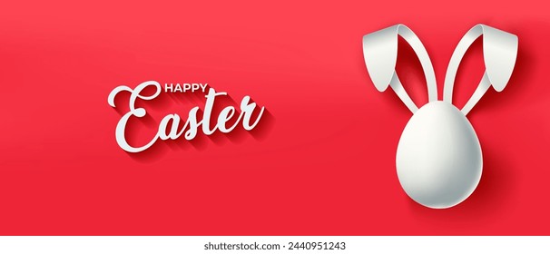 Banner horizontal de Pascua festiva, poster Orejas de conejo y huevo en estilo de corte de papel sobre fondo rojo. Tarjeta de felicitación de la feliz Pascua, cabecera para el sitio web. Volante de Paschal. Plantilla con texto Feliz Pascua