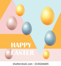 Festive Easter horizontal banner. Realistic 3d design elements. Realistic-looking easter eggs. Promotion, poster, flyer, article, postcard, web banner, invitation template. Easter vector background.