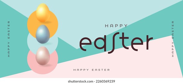 Festive Easter horizontal banner. Realistic 3d design elements. Realistic-looking easter eggs. Promotion, poster, flyer, article, postcard, web banner, invitation template. Easter vector background.