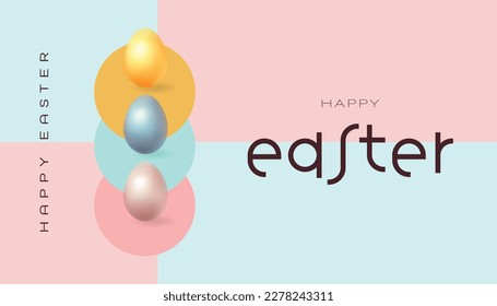 Festive Easter horizontal banner. Realistic 3d design elements. Realistic-looking easter eggs. Promotion, poster, flyer, article, postcard, web banner, invitation template. Easter vector background.