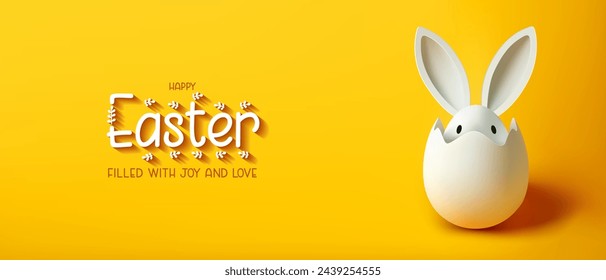 Festive Easter horizontal flyer, banner, header for website with white cracked egg and banny ears on a yellow background. Trendy Easter design with egg, bunny. Greeting card with text Happy Easter