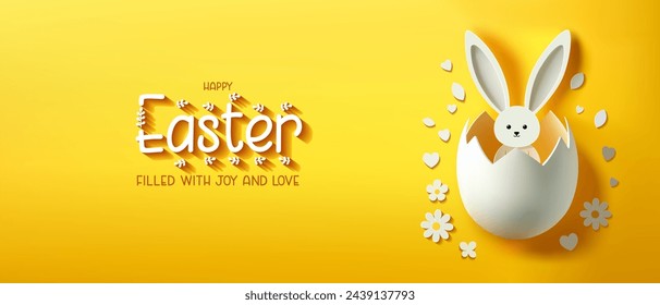 Festive Easter horizontal flyer with white cracked egg and banny ears on a yellow background. Happy Easter greeting card, header for website. Paschal poster. Trendy Easter design. Spring holiday