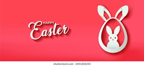 Festive Easter horizontal greeting card with easter egg with bunny and ears on red background paper cut illustration. Happy Easter header for website banner, poster on isolated red background. Paschal