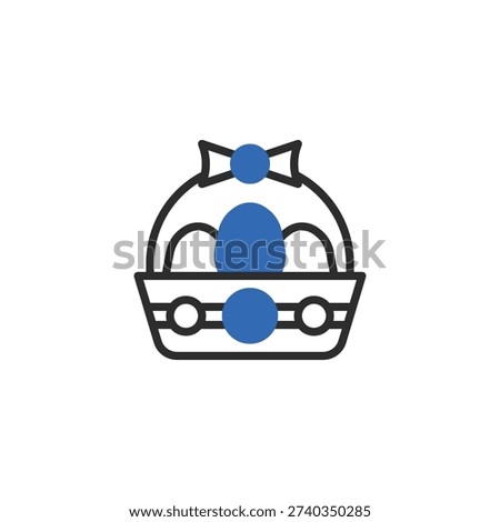 Festive Easter icon featuring a basket filled with eggs and adorned with a bow, perfect for holiday designs.