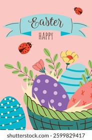 Festive Easter illustration with a basket full of bright Easter eggs and flowers