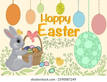 Festive Easter illustration card with cute bunny with a basket of colorful eggs, playful chicks, and hanging decorative eggs. The cheerful design includes nature elements and "Happy Easter" lettering