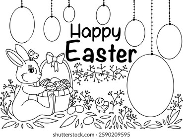 Festive Easter illustration card with cute bunny with a basket of eggs, playful chicks, and hanging decorative eggs in outline vector style. Design with nature elements and "Happy Easter" lettering