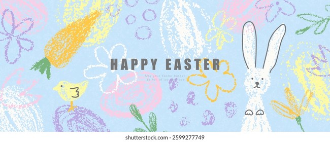 Festive Easter illustration with cute hand drawn eggs,rabbit,carrots, chicken and flowers in pastel shades of pink, yellow and purple. Colorful spring vector illustration with textured elements on