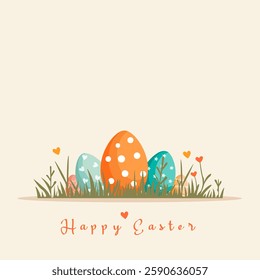  A festive Easter illustration featuring colorful decorated eggs nestled in grass with small hearts around them. The design has a warm, cheerful feel, perfect for greeting cards, invitations, and seas