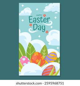 Festive Easter illustration featuring colorful decorated eggs among lush green leaves and soft clouds. The cheerful Happy Easter Day text enhances the joyful spring celebration theme.