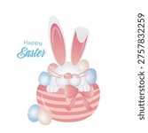 festive easter illustration featuring a cute white bunny with pink ears peeking out of a striped basket decorated with a large pink bow.