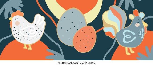 A festive Easter illustration featuring stylized chickens and decorative eggs in a modern artistic composition. Ideal for greeting cards, posters, invitations, and seasonal holiday decorations.