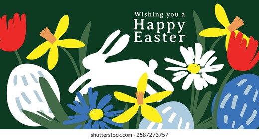 Festive Easter illustration featuring a white rabbit among colorful flowers and decorated eggs. The dark green background enhances the vibrant colors, creating a joyful and elegant springtime scene.