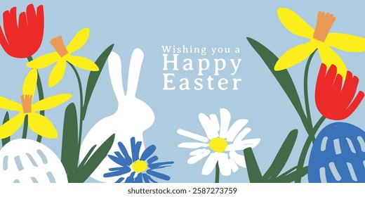 Festive Easter illustration featuring a white rabbit among colorful flowers and decorated eggs. The dark green background enhances the vibrant colors, creating a joyful and elegant springtime scene.