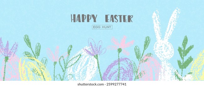 Festive Easter illustration with hand drawn eggs,rabbit and flowers in pastel shades of pink, yellow and purple. Colorful spring vector illustration with textured elements on light blue background.