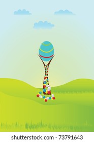 Festive Easter illustration. A large Easter egg, which grows on trees and green sunny meadow.