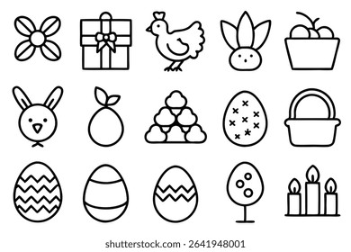 Festive easter line art icons featuring eggs bunnies gifts and religious symbolism