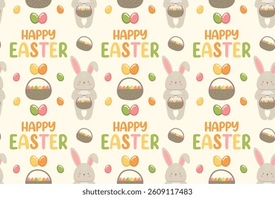 Festive Easter pattern with adorable bunnies, colorful eggs, candy jelly beans, and the phrase "Happy Easter" on a cream background. Ideal for seasonal greetings, kids’ items, and joyful wrapping desi