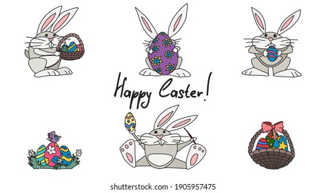 festive easter poster with bunnies and eggs. vector doodle sketch