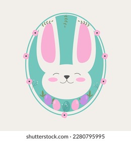 Festive Easter rabbit of white color with long pink ears on a light background. In a delicate blue frame decorated with flowers, foliage, eggs. Well suited for any Easter design. Flat design eps 10.