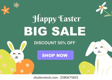 Festive easter sale design with geometric elements and cute bunnies.