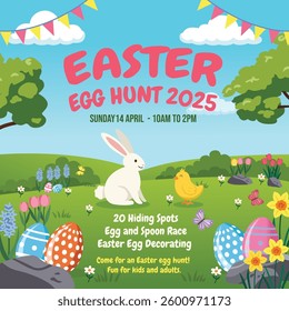 Festive Easter scene with a bunny, a chick, colorful eggs, blooming flowers in a meadow.