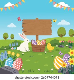 Festive Easter scene with a bunny, a chick, colorful eggs, blooming flowers in a meadow.