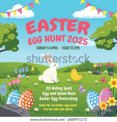 Festive Easter scene with a bunny, a chick, colorful eggs, blooming flowers in a meadow.