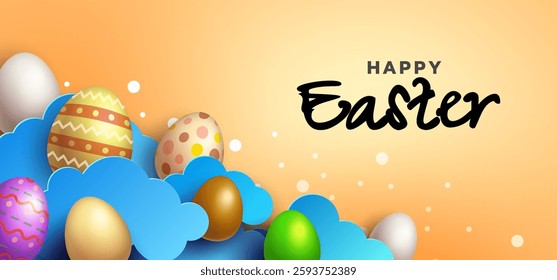 Festive Easter scene with colorful eggs and a fun, cloud-inspired design. Vector Illustration