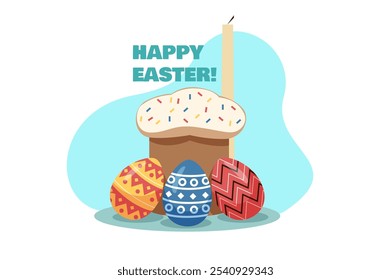 A festive Easter scene featuring a decorated cake and colorful eggs with various patterns. Vector illustration