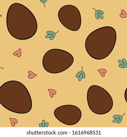Festive Easter seamless pattern with chocolate eggs and flowers on a yellow background. Vector image. Sweet chocolate eggs for kids for Easter. Background with dainty, hearts and leaves. Cute seamless