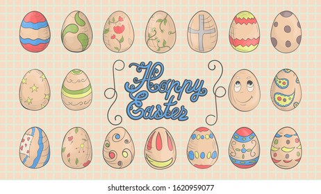 festive Easter set, colored eggs in the style of children's illustration, Doodle, for decoration design vector EPS 10