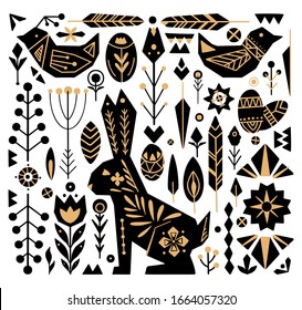 Festive Easter set with gold tribal ornaments. Geometric hare, egg, flower and various decorative elements separately background. Vector object for postcard, sticker, scrapbooking and your creativity
