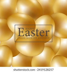 Tarjeta cuadrada festiva de Pascua con huevos de oro realistas. Feliz Pascua. Fondo de Pascua Dorada, afiche, pancarta, diseño de portada.