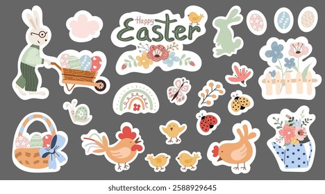 Festive Easter sticker pack featuring bunnies, flowers, and colorful eggs for spring celebrations