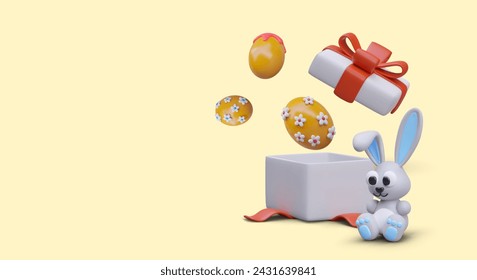 Festive Easter surprise. Decorated eggs fly out of open gift box. Cute rabbit in 3D style