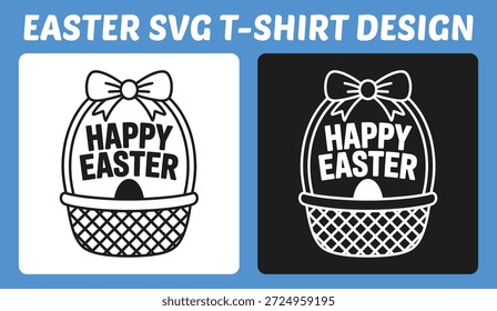 Festive Easter t shirt design featuring a cute basket with bow and bold “Happy Easter” typography. Perfect for spring apparel, holiday gifts, prints, crafts, stickers, and seasonal merchandise.