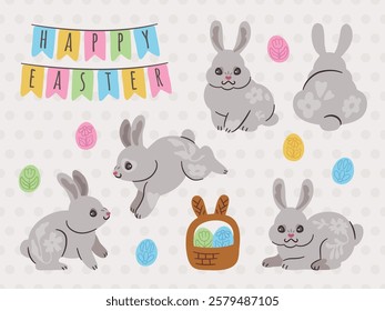 Festive Easter themed pack featuring playful gray bunnies, decorated eggs, and colorful banners in pastel tones. Perfect for seasonal projects and creative designs!