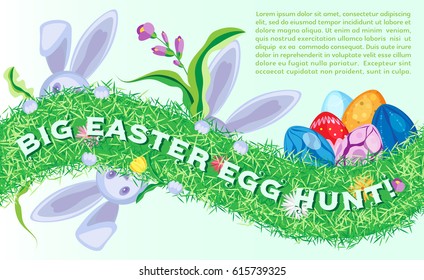 Festive Easter vector horizontal poster with bunnys, eggs and grass. Gradient background and text.
