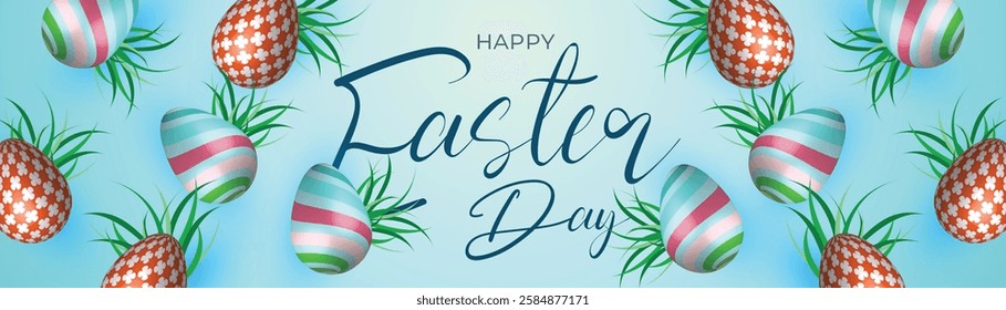 Festive Easter Web Banner Colorful Egg Background Design. Spring Easter Social Media Post, Bunny Header Template. Vibrant Easter Banner Floral Egg Bunny Background