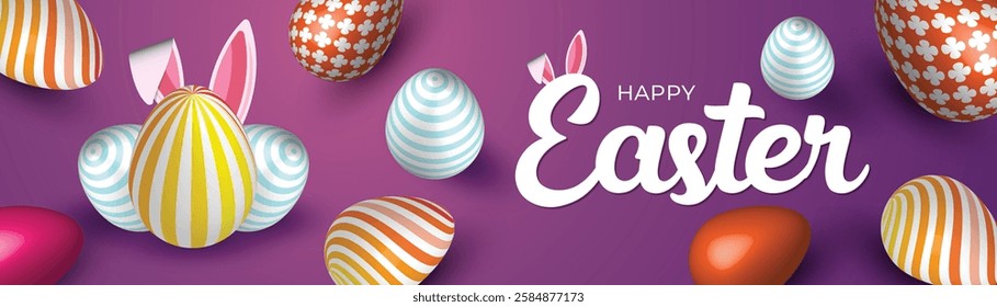 Festive Easter Web Banner Colorful Egg Background Design. Spring Easter Social Media Post, Bunny Header Template. Vibrant Easter Banner Floral Egg Bunny Background