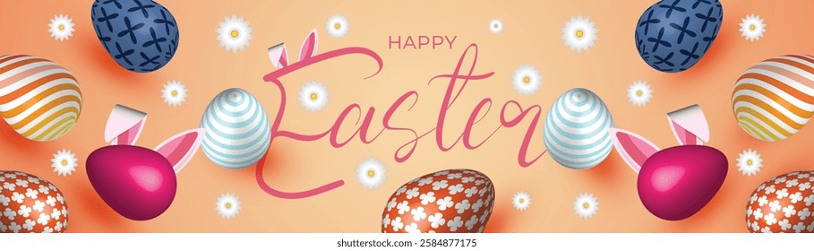 Festive Easter Web Banner Colorful Egg Background Design. Spring Easter Social Media Post, Bunny Header Template. Vibrant Easter Banner Floral Egg Bunny Background