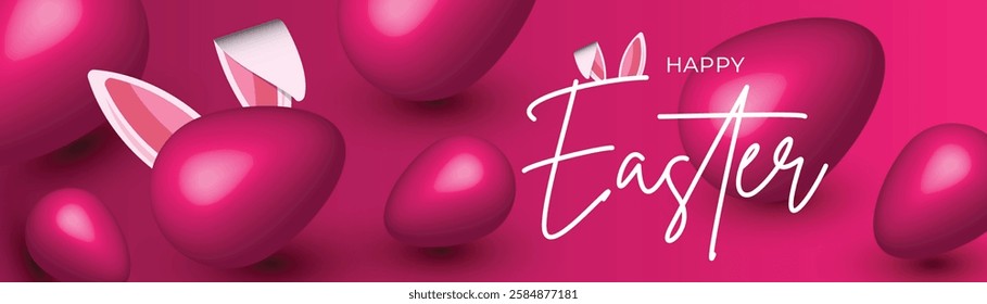 Festive Easter Web Banner Colorful Egg Background Design. Spring Easter Social Media Post, Bunny Header Template. Vibrant Easter Banner Floral Egg Bunny Background