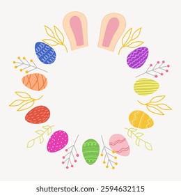 Festive Easter wreath composed of colorful decorated eggs, delicate leaves, small branches, and bunny ears at the top. The circular frame creates a bright and cheerful composition 